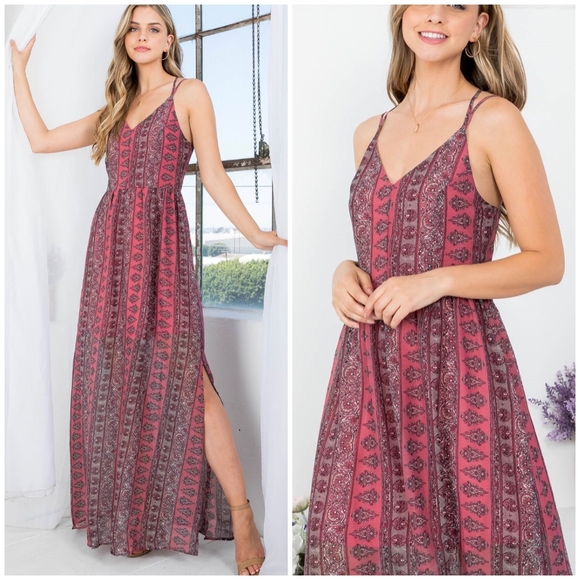 DOE & RAE Boho Chic Pink Cross Back Maxi Dress - Picture 5 of 9